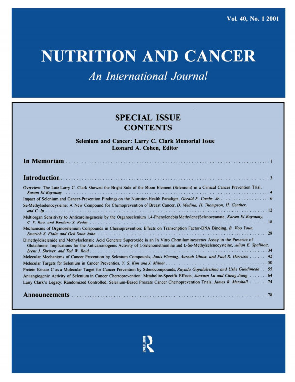 Selenium And Cancerlarry C Clark Memorial Issue A Special Issue Of Nutrition And Cancer 1st Edition Leonard A Cohen Editor