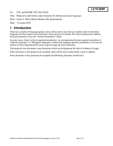Proposal To Add Arabic Script Characters For African And Asian Languages Lorna A Priest