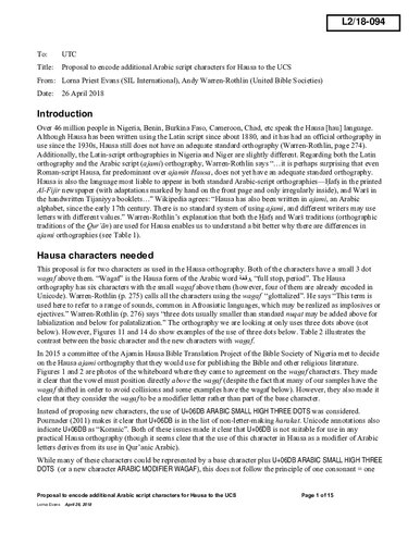 Proposal To Encode Additional Arabic Script Characters For Hausa To The Ucs Lorna Priest Evans