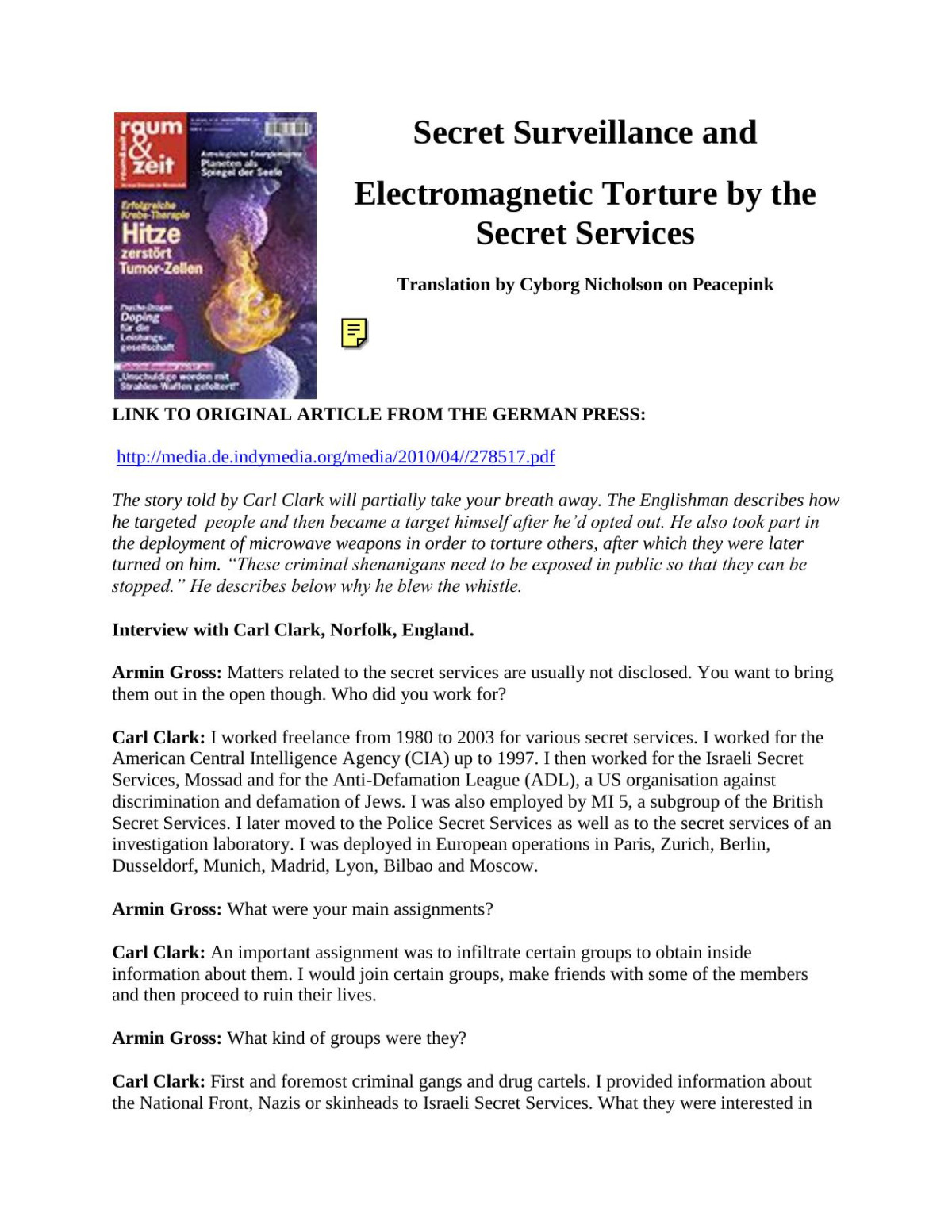 Secret Surveillance And Electromagnetic Torture By The Secret Services Carl Clark