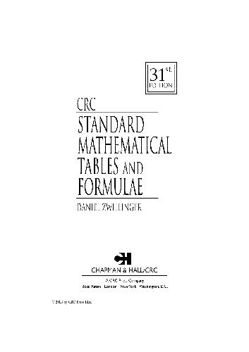 Crc Standard Mathematical Tables And Formulae 31th Edition Daniel Zwillinger Editorinchief