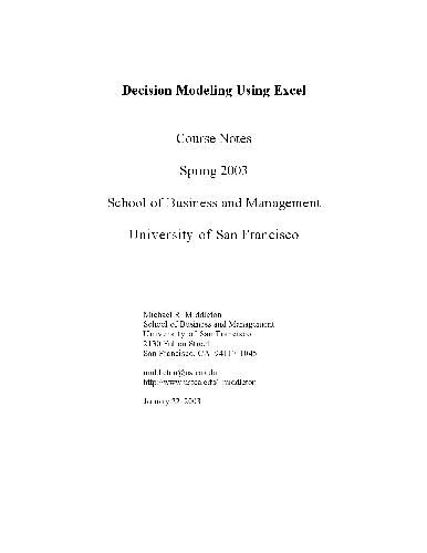 Decision Modeling Using Excel Course Notes Spring