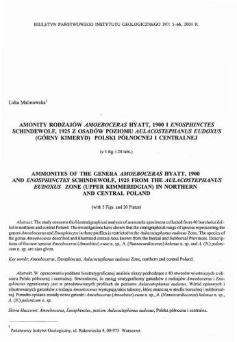 Ammonites Of The Genera Amoeboceras Hyatt 1900 And Enosphinctes Schindewolf 1925 From The Aulacostephanus Eudoxus Zone Upper Kimmeridgian In Northern And Central Poland Malinowska L