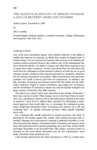 Molecular Biology Of Memory Storage Eric R Kandel