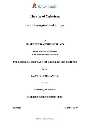 The Rise Of Yahwism Role Of Marginalised Groups Marlene Elizabeth Mondriaan