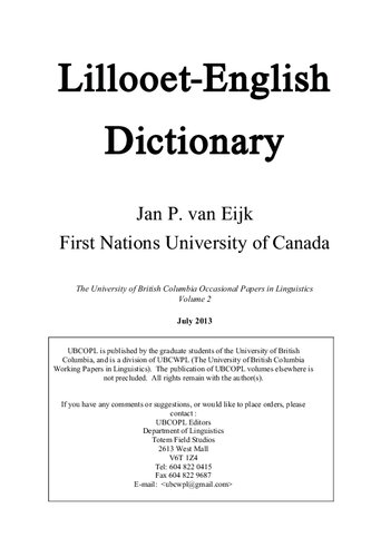 Lillooetenglish Dictionary Jan P Van Eijk