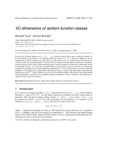 Vcdimensions Of Random Function Classes Ycart Bernard Joel