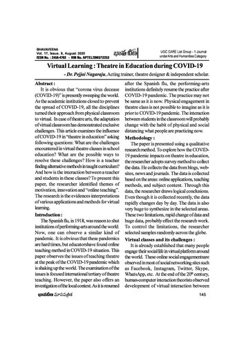 Virtual Learning Theatre In Education During Covid19 1st Edition Pejjai Nagaraju
