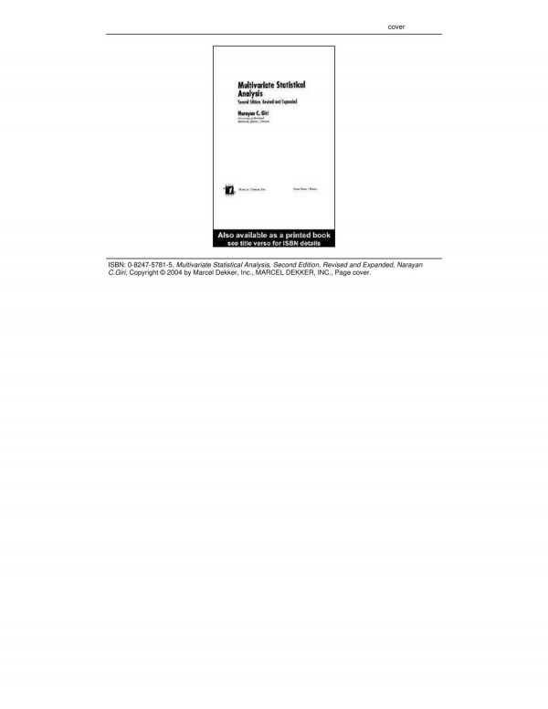 Multivariate Statistical Analysis Revised And Expanded 2nd Edition Narayan C Giri Author