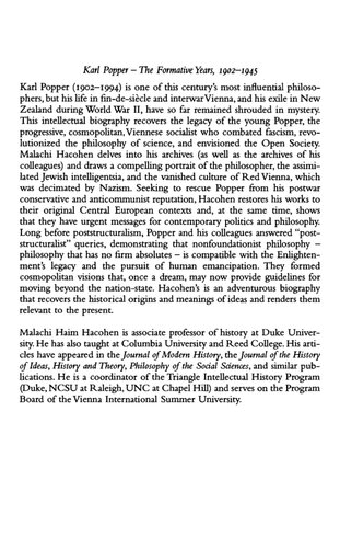 Karl Popper The Formative Years 1902 1945 Politics And Philosophy In Interwar Vienna Malachi Haim Hacohen