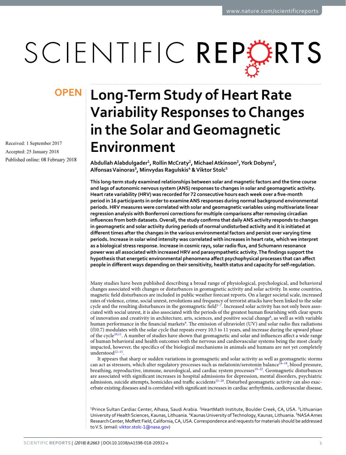 Longterm Study Of Heart Rate Variability Responses To Changes In The Solar And Geomagnetic Environment Abdullah Alabdulgader Rollin Mccraty Michael Atkinson York Dobyns Alfonsas Vainoras Minvydas Ragulskis Viktor Stolc
