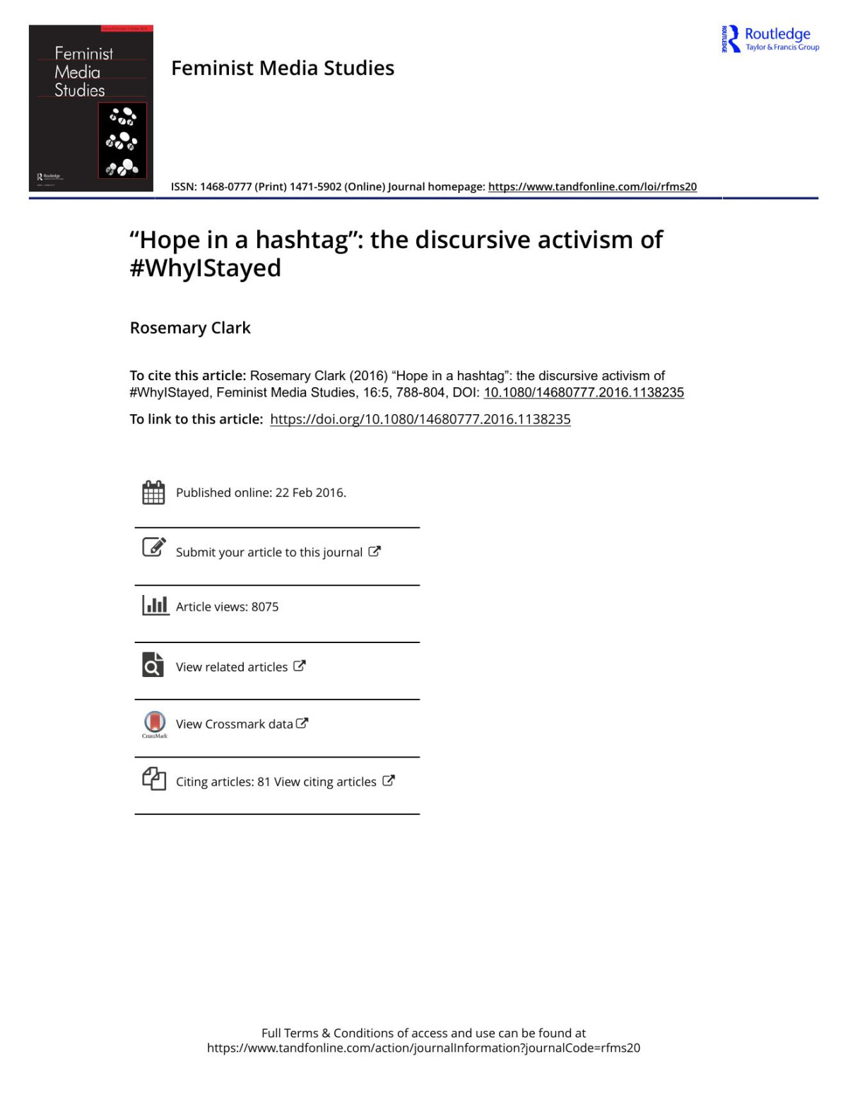 Hope In A Hashtag The Discursive Activism Of Whyistayed Rosemary Clark