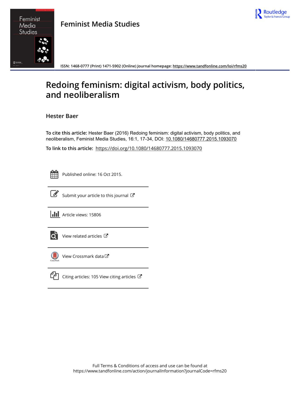 Redoing Feminism Digital Activism Body Politics And Neoliberalism Hester Baer