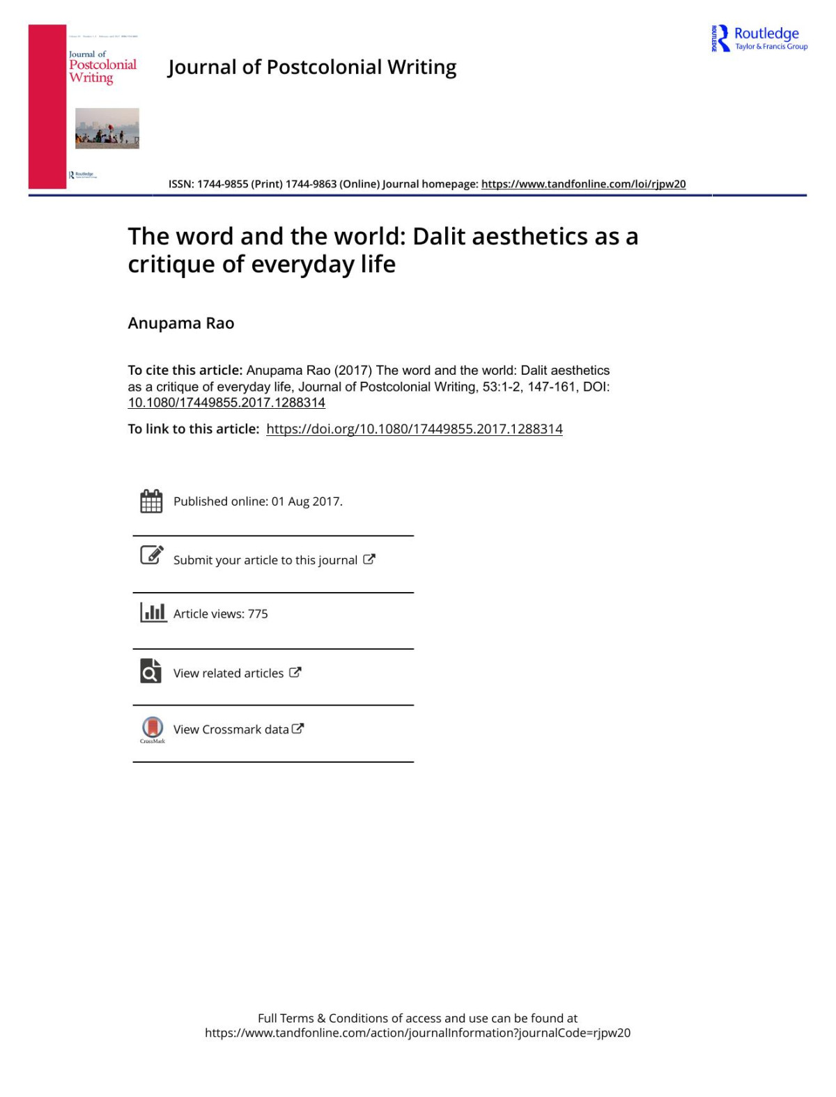 The Word And The World Dalit Aesthetics As A Critique Of Everyday Life Anupama Rao