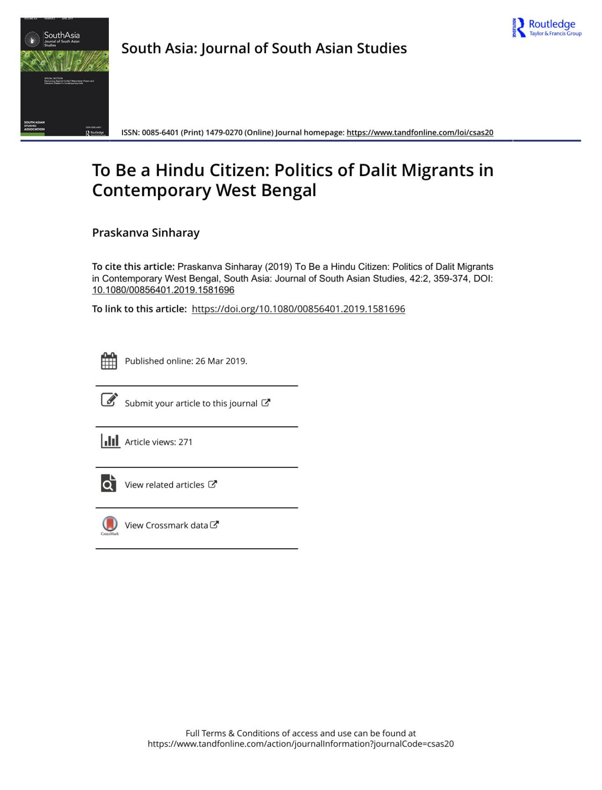 To Be A Hindu Citizen Politics Of Dalit Migrants In Contemporary West Bengal Sinharay Praskanva