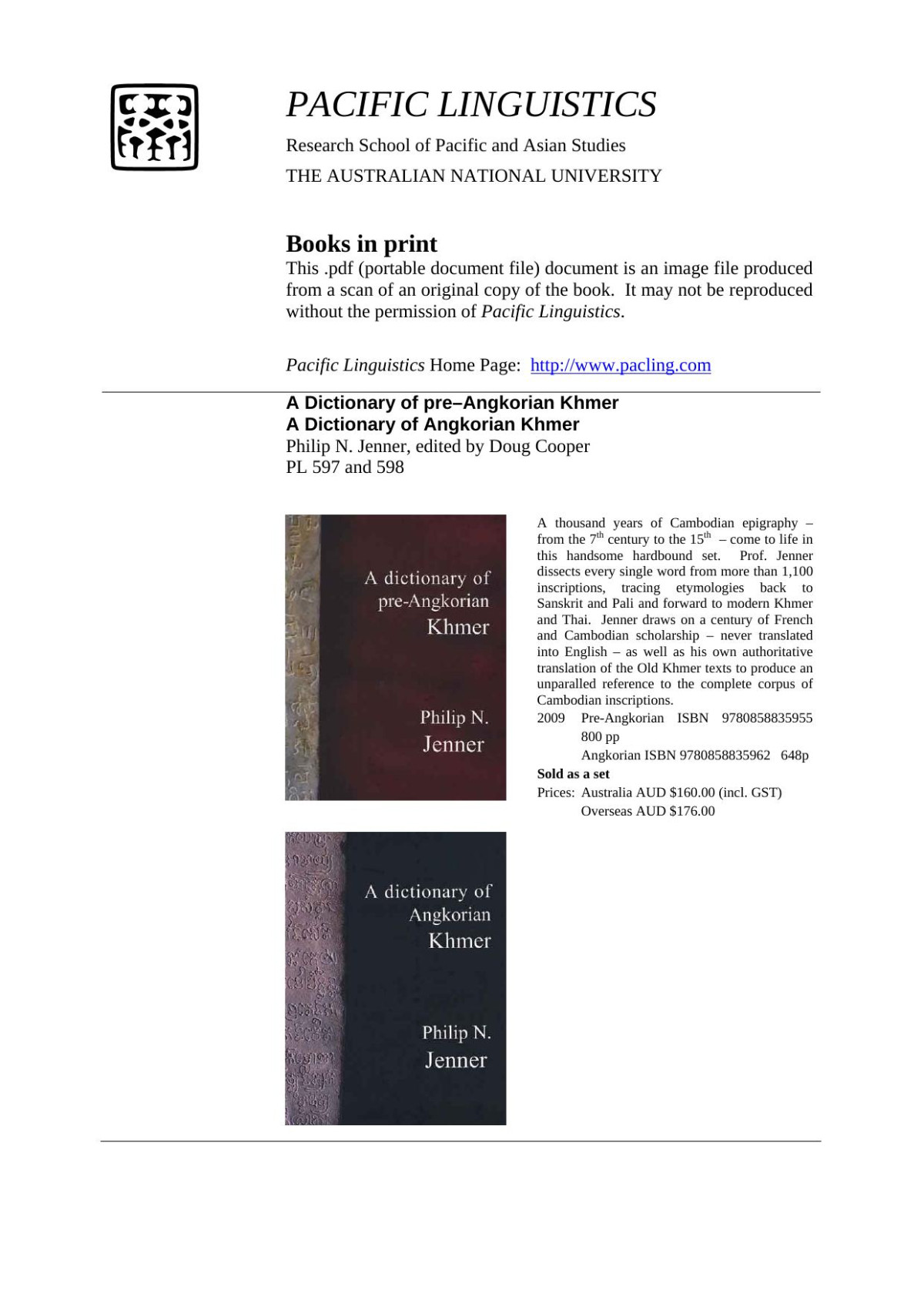 A Dictionary Of Angkorian Khmer Cambodian Jenner Philip N