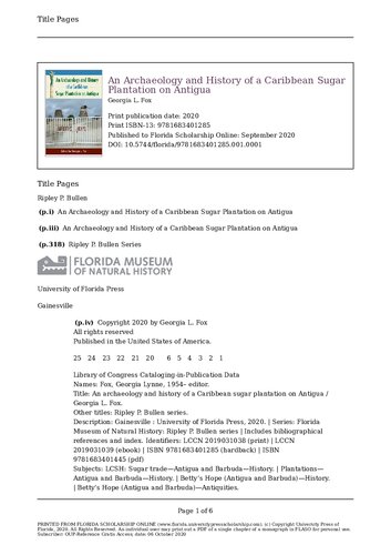 An Archaeology And History Of A Caribbean Sugar Plantation On Antigua Georgia L Fox Editor