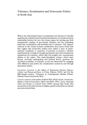 Tolerance Secularization And Democratic Politics In South Asia Humeira Iqtidar Editor Tanika Sarkar Editor