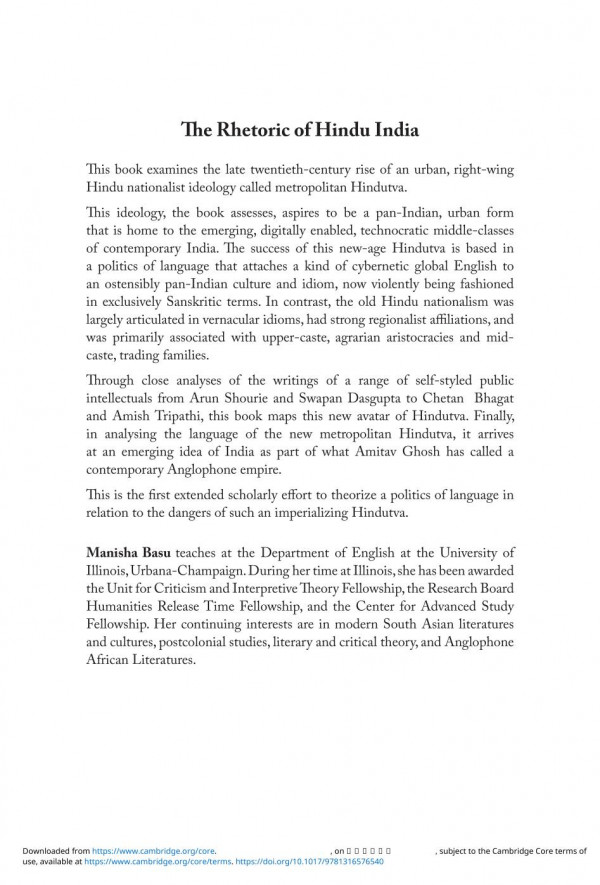 The Rhetoric Of Hindu India Language And Urban Nationalism 1st Edition Manisha Basu