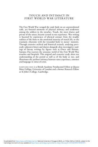 Touch And Intimacy In First World War Literature Das