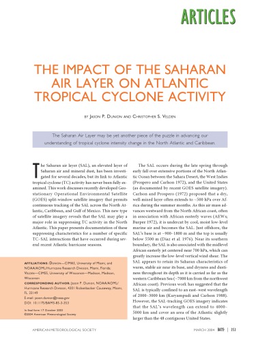 The Impact Of The Saharan Air Layer On Atlantic Tropical Cyclone Activity Jason P Dunion And Christopher S Velden