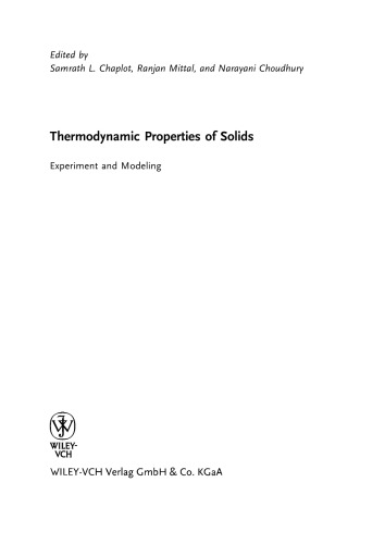 Et Al Thermodynamic Properties Of Solids Experiment And Modeling Chaplot Sl Eds