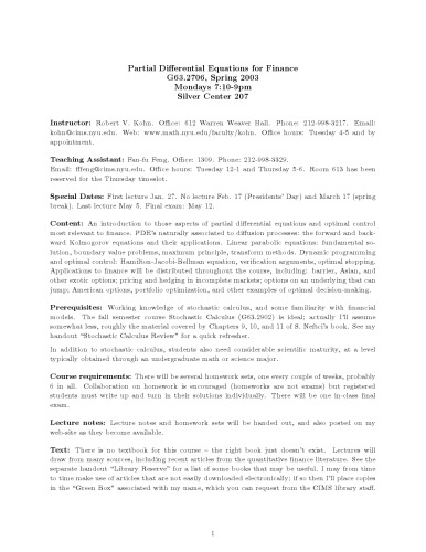 Partial Differential Equations For Finance Kohn Rv