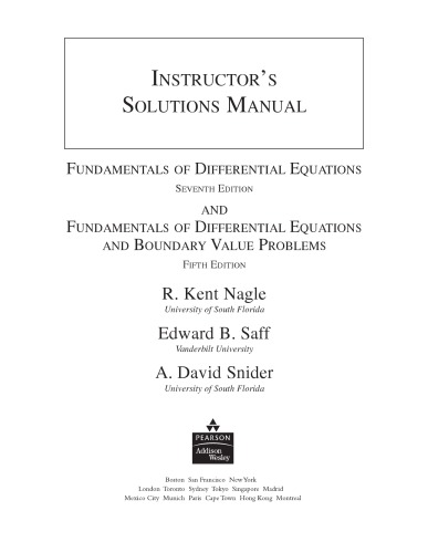 Fundamentals Of Differential Equations 7e Boundary Value Problems 5e Instructors Solutions Manual 7th Edition Edward B Saff