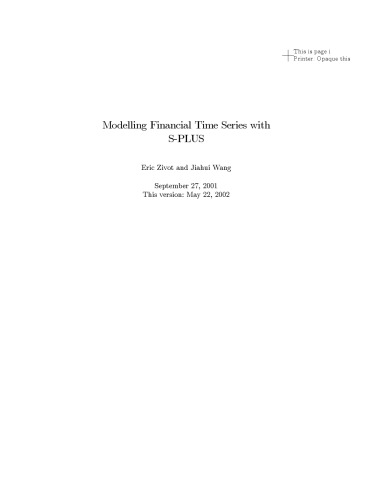 Modelling Financial Time Series With Splus Zivot E Wang J