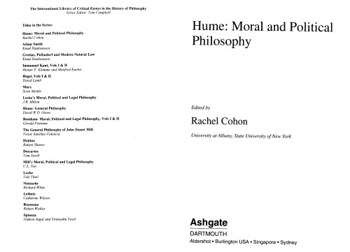 Hume Moral And Political Philosophy The International Library Of Critical Essays In The History Of Philosophy Rachel Cohon