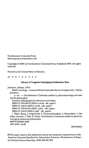 Zizeks Ontology A Transcendental Materialist Theory Of Subjectivity 1st Edition Adrian Johnston