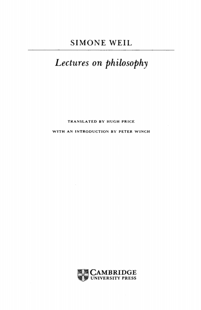 Lectures On Philosophy 1st Edition Simone Weil