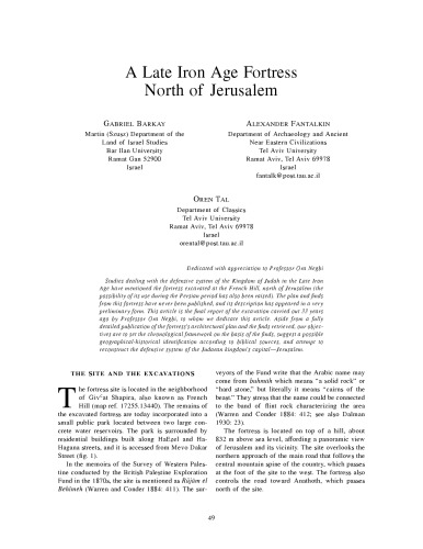 A Late Iron Age Fortress North Of Jerusalem Gabriel Barkay Alexander Fantalkin