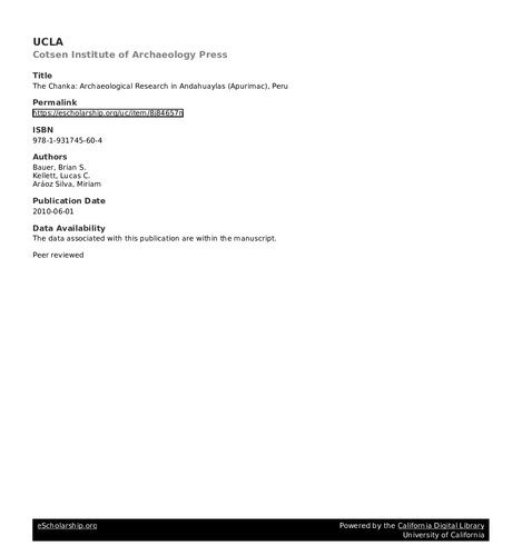 The Chanka Archaeological Research In Andahuaylas Apurimac Peru Brian Bauer Lucas Kellett Miriam Aroz Silva Sabine Hyland Carlo Socualaya Dvila
