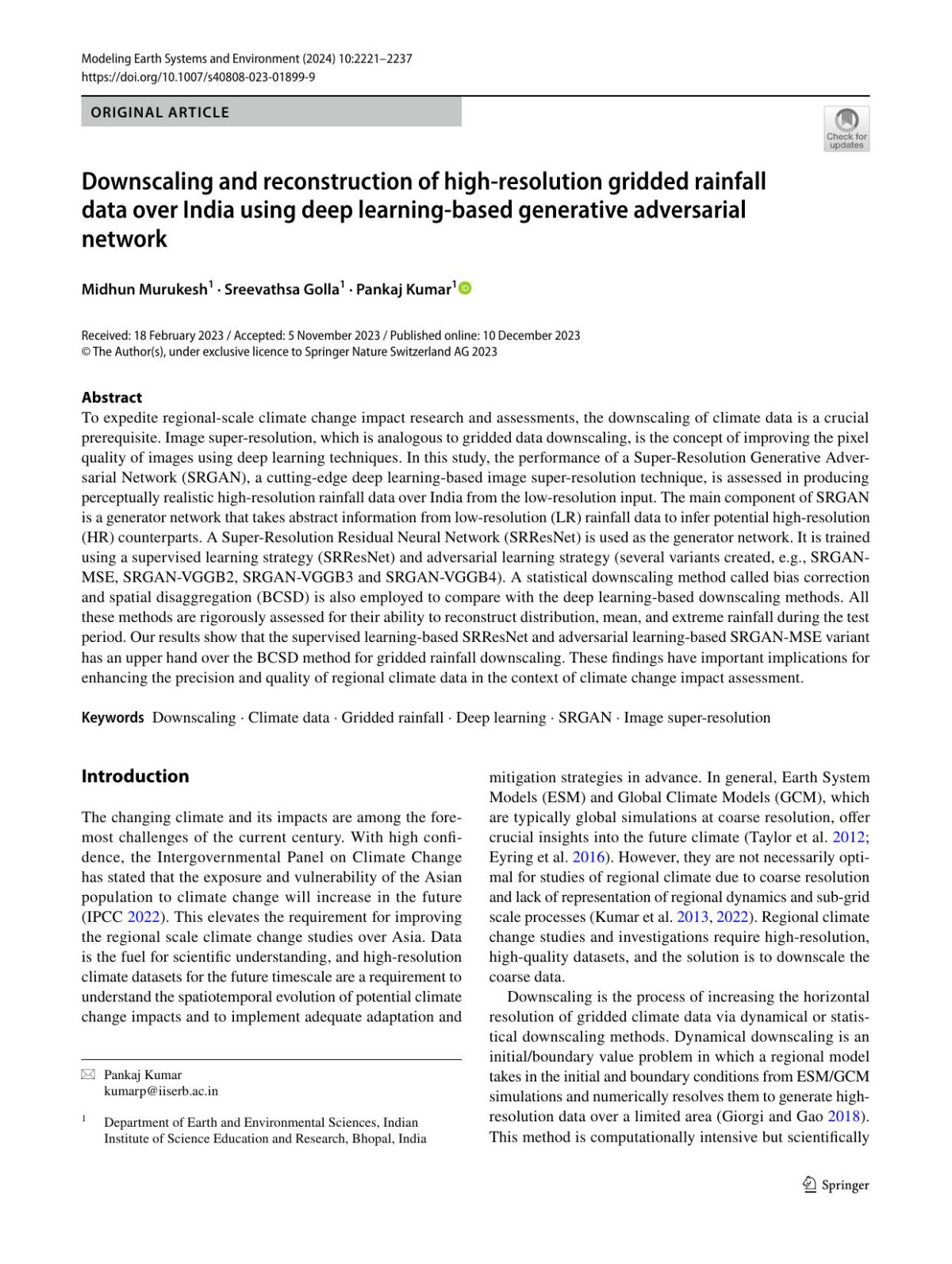 Downscaling And Reconstruction Of Highresolution Gridded Rainfall Data Over India Using Deep Learningbased Generative Adversarial Network Midhun Murukesh Sreevathsa Golla Pankaj Kumar