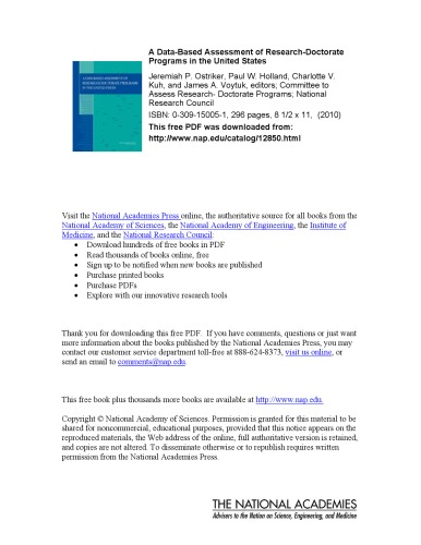 Databased Assessment Of Researchdoctorate Programs In The United States National Research Council