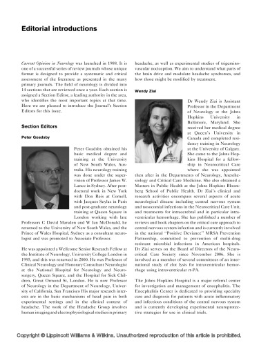 Current Opinion In Neurology June 2010 Peter Goadsby Wendy Ziai