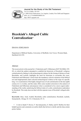 Hezekiahs Alleged Cultic Centralization Diana Edelman