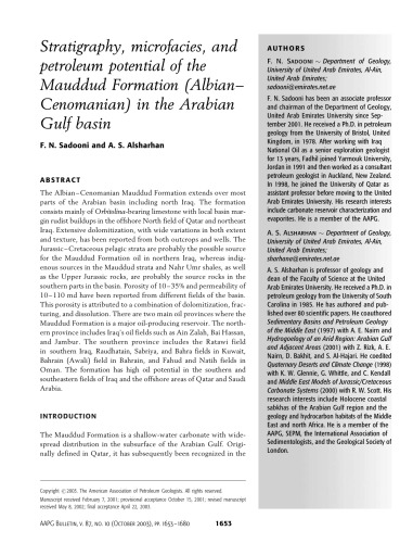 Stratigraphy Microfacies And Petroleum Potential Of The Mauddud Formation Albiancenomanian In The Persian Gulf Basin F N Sadooni And A S Alsharhan