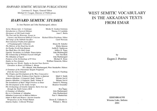 West Semitic Vocabulary In The Akkadian Texts From Emar Harvard Semitic Studies No 49 Eugen J Pentiuc