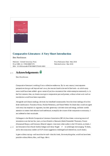 Comparative Literature A Very Short Introduction Ben Hutchinson