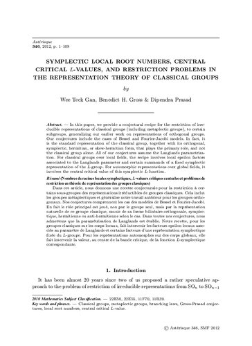 Sur Les Conjectures De Gross Et Prasad I Gan W T Gross B H Prasad